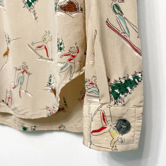 vintage | evan piccone skiing skating winter fun print silk blouse m - Picture 7 of 12